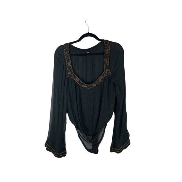 Free People Embellished Beaded Bodysuit Black Long Sleeve Size XS - Picture 2 of 12